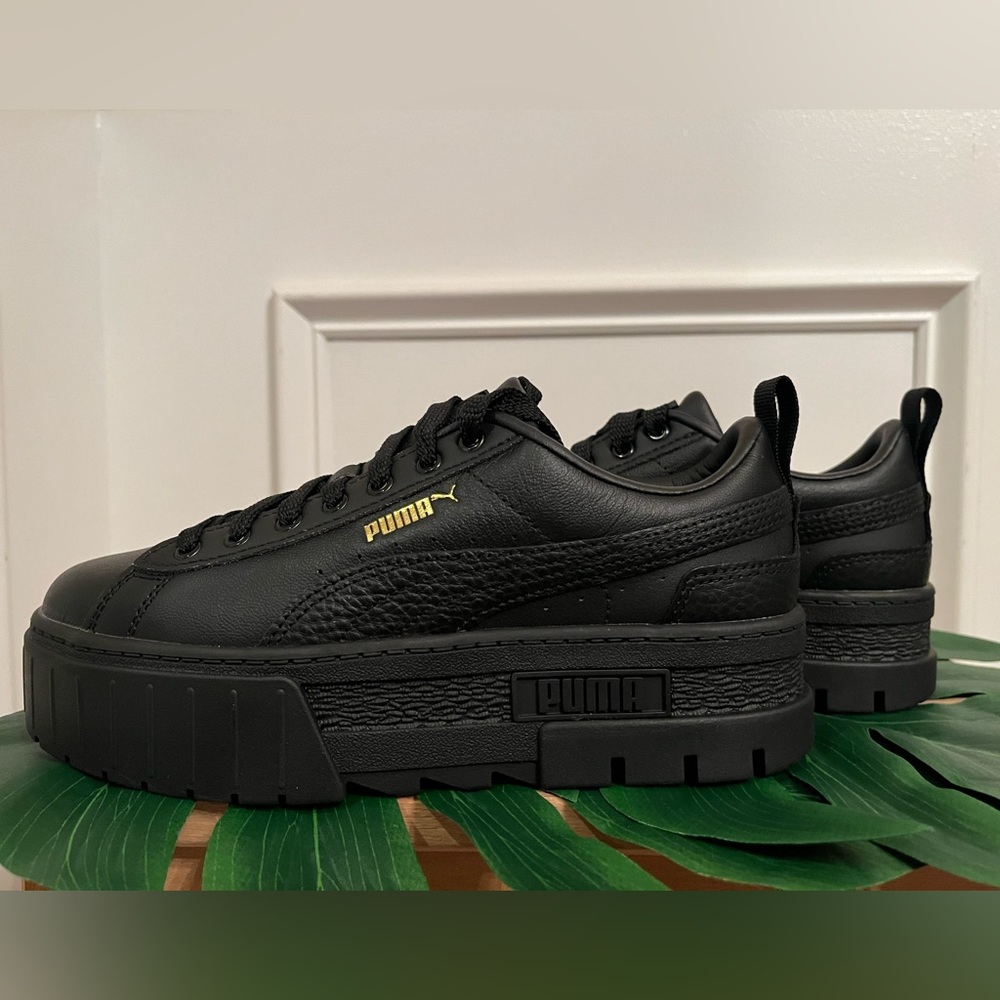 💣🖤GORG Triple Black PUMA Mayze Classic Sneakers 7 Platform Wedge NEW Dua 🐈‍⬛